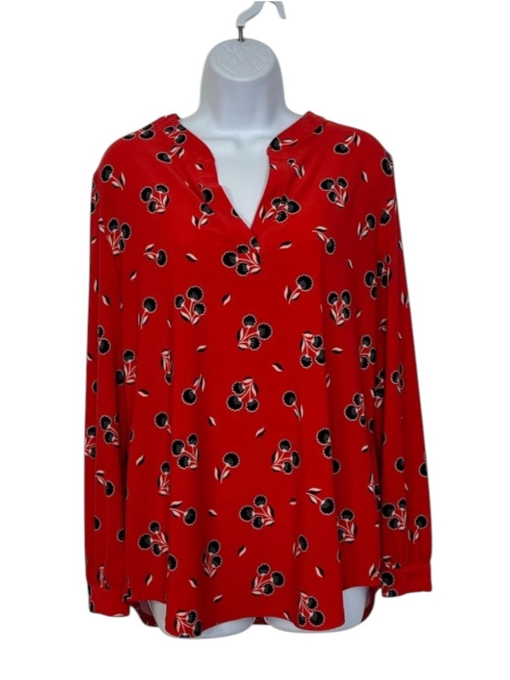 Anne Klein Red Floral Long Sleeve V Neck Office Wear Work Blouse